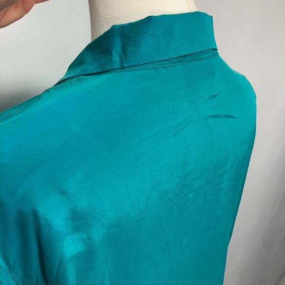 Vintage 80's Casual Corner 100% Silk Teal Button Up Short Sleeve blouse Womens M - Picture 10 of 16